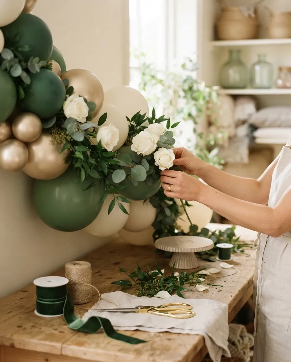 Hands arranging white roses into a green and gold balloon garland