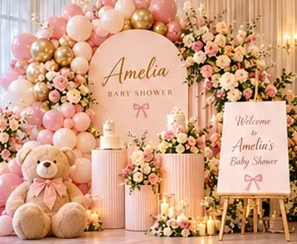 Blush pink balloons, florals and a teddy bear for Amelia’s baby shower