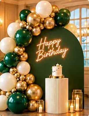 Deep green arch with Happy Birthday neon and balloon garland