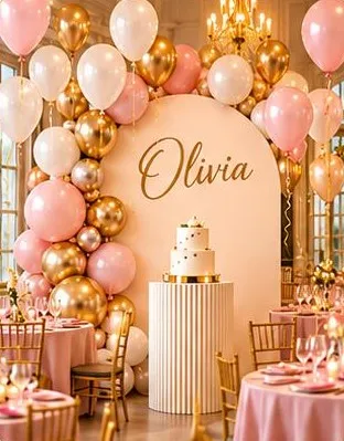Pink and gold balloon garland around an ivory arch with the name Olivia
