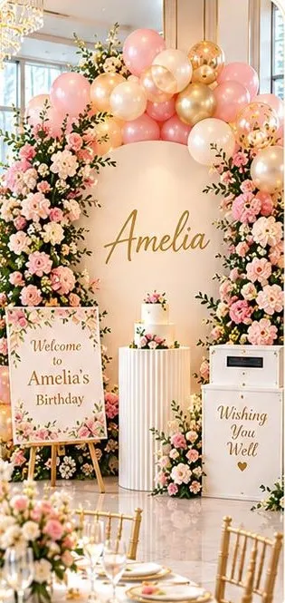 Pink floral backdrop with balloons and wishing well