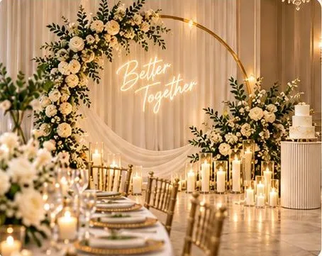 Floral moon-gate arch with Better Together neon and candlelit tables