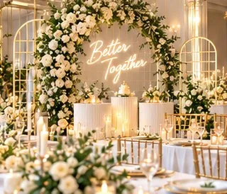Ivory floral arch with Better Together neon over a long table