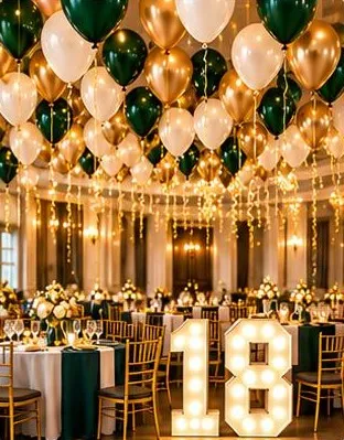 Green, white and gold floating balloons above a glowing number 18
