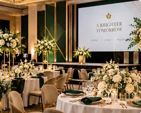 Corporate function with green linen, florals and stage screen