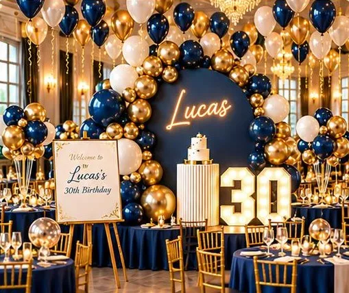 Navy and gold balloon backdrop for a 30th birthday