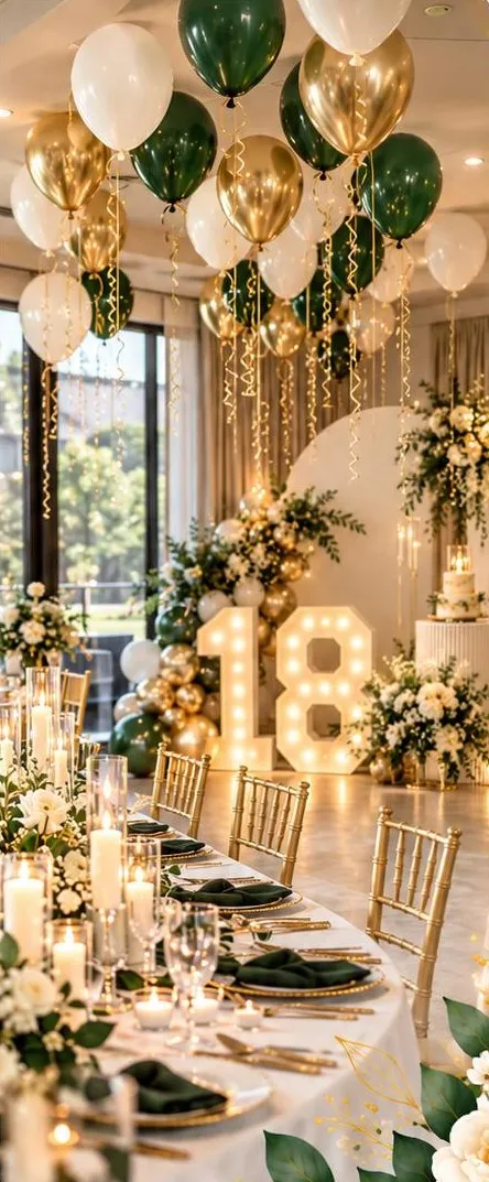 Floating green, white and gold balloons over a long candlelit table