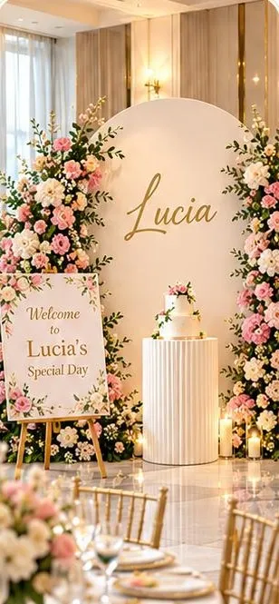 Blush pink floral backdrop with the name Lucia and a welcome sign