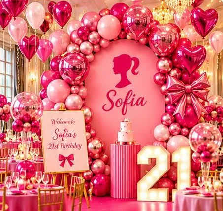 Hot pink heart balloon backdrop for a 21st