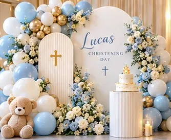 Powder blue and gold balloons for Lucas’s christening day