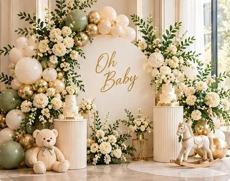 Sage and ivory balloons with florals and an Oh Baby neon sign