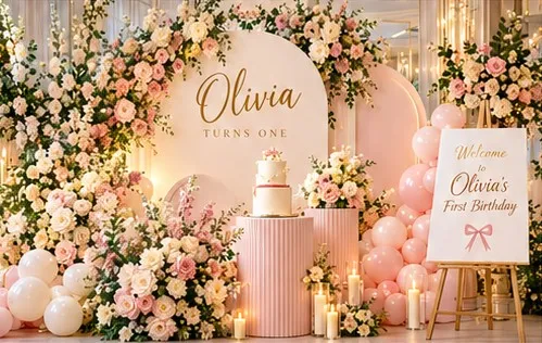 Blush florals and pink balloons for Olivia’s first birthday