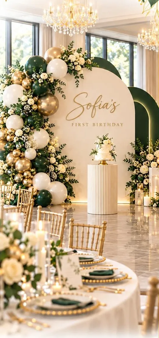 Green, gold and ivory balloon garland around an arch for Sofia’s first birthday