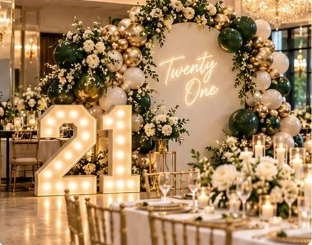 Twenty One neon on a floral arch with light-up 21